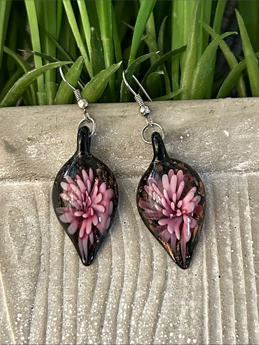 Handblown Glass Pink Floral Teardrop dangle drop Earrings - Women Jewelry